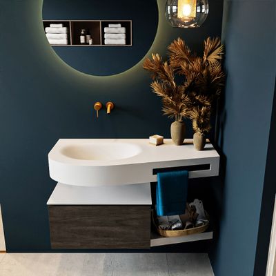 MONDIAZ RIVA 100cm badmeubel onderkast / planchet kleur Dark_Brown met 1 lade. Wastafel DULCET links 0 kraangaten kleur Talc. MONDIAZ RIVA 100cm badmeubel onderkast / planchet kleur Dark_Brown met 1 lade. Wastafel DULCET links 0 kraangaten kleur Talc.