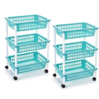 Opberg organiser trolleys/roltafels met 3 manden 62 cm in het turquoise blauw