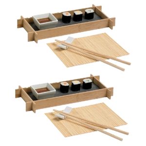 4x stuks bamboe sushi serveerset voor 1 persoon 6-delig