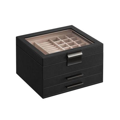 Sieradendoosje met glazen deksel, Grafietzwart + zilver / 3 laden (13,5H cm)
