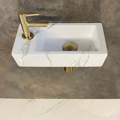 Wiesbaden Fonteinset Rhea S Mini met Fontein - Links - Carrara - Kraan - Sifon - Afvoerplug - Geborsteld Messing