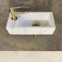 Wiesbaden Fonteinset Rhea S Mini met Fontein - Links - Carrara - Kraan - Sifon - Afvoerplug - Geborsteld Messing