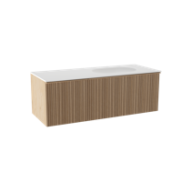 Balmani Forma zwevend badmeubel 135 x 55 cm naturel eiken met Tablo Oval asymmetrisch rechtse wastafel in solid surface mat wit, Verticale asymmetrische ronde ribbel