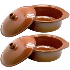 Set van 2x stuks tapas terracotta ovenschalen/stoofpotten cocotte met deksel 26 cm