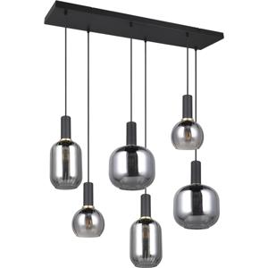 LED Hanglamp - Hangverlichting - Trion Pala - 6x Lichtpunten - E27 Fitting - Verchroomd Glas - Mat Zwart - Metaal