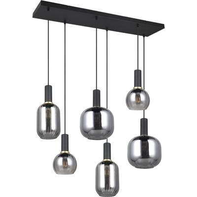 LED Hanglamp - Hangverlichting - Trion Pala - 6x Lichtpunten - E27 Fitting - Verchroomd Glas - Mat Zwart - Metaal
