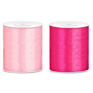 2x rollen hobby decoratie satijnlint licht roze-fuchsia roze 10 cm x 25 meter