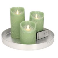 Ronde kaarsenplateau zilver van kunststof D27 cm met 3 jade groene LED-kaarsen 10/12,5/15 cm