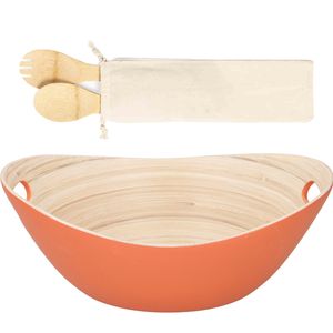 Serveer schaal - oranje - bamboe - 27 cm - incl. Sla bestek - 32 cm