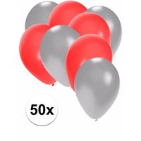 50x ballonnen - 27 cm - zilver / rode versiering - thumbnail