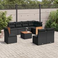 9-delige Loungeset met kussens poly rattan zwart