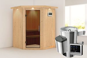 Karibu | Nanja Sauna met Dakkraag | Antracietglas | Kachel 3,6 kW Externe Bediening
