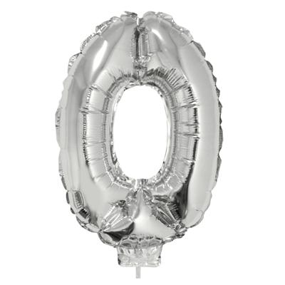 Zilveren opblaas cijfer ballon - 0 jaar - op stokje - H41 cm - Leeftijd versiering