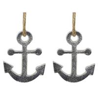 Zilveren anker hangertjes - 1x - aan jute touw - 6 cm - Maritieme decoraties - kerstboom hangers