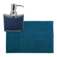 MSV badkamer droogloop mat/tapijtje - 50 x 80 cm - en zelfde kleur zeeppompje 260 ml - donkerblauw - Badmatjes