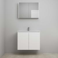 On-Line Badkamermeubelset - 80 cm - Voorgemonteerd - Greeploos 2 Deuren - Porseleinen Wastafel - 1 Kraangat - Spiegelkast - Mat Wit