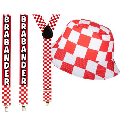 Carnaval Brabant thema - vissershoedje en feest bretels - rood/wit geblokt