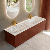 Badmeubel Mondiaz Kurve-Dlux | 150 cm cm | Meubelkleur Ruby | Wastafelkleur Glace | Solid surface | Wasbak beiden zijden spoelbak | 2 kraangaten