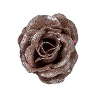1x Oud roze roos met glitters bloemen op clip 7 cm - kerstversiering - thumbnail