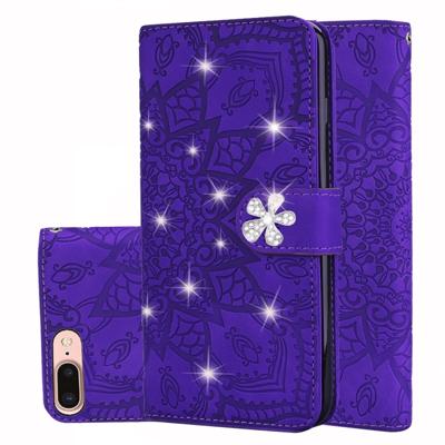 iPhone 7 Plus & 8 Plus met nep diamanten ingelegd uniek 3D mandala patroon PU leren Flip Hoesje met houder en opbergruimte voor pinpassen & geld (paar