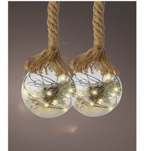 Verlichte kerstballen - 2x st - glas - aan touw - D10 cm - 15 leds -warm wit