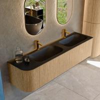 Mondiaz KURVE 175 cm Onderkast Greeploos 2 Lades Met Deuren Oak, Wastafel Solid Surface Rechts Urban 2 Kraangaten Zonder Spiegel (KRVBGS175L2L1D2KD-Oak/Urb)