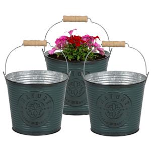 Plantenpot/bloempot emmer voor buiten - 3x - zink - petrolblauw - D17 x H14 cm