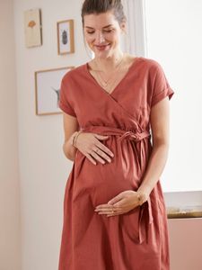 Lange wikkeljurk van linnen en katoen, zwangerschap en borstvoeding rood