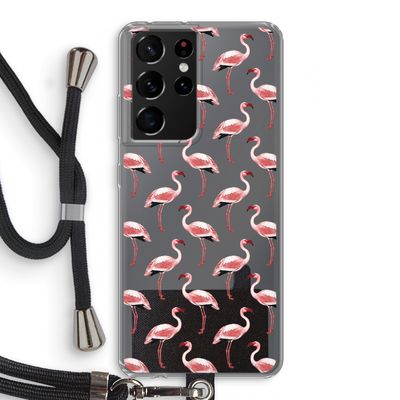 Flamingoprint groen: Samsung Galaxy S21 Ultra Transparant Hoesje met koord