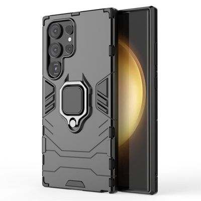 Lunso - Samsung Galaxy S24 Ultra - Armor backcover hoes met ringhouder - Zwart