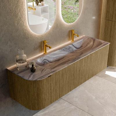 Badmeubel Mondiaz Kurve-Dlux | 145 cm | Meubelkleur Dusk | Wastafelkleur Sombra | Solid surface | Wasbak rechter zijde spoelbak | 2 kraangaten