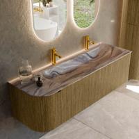Badmeubel Mondiaz Kurve-Dlux | 145 cm | Meubelkleur Dusk | Wastafelkleur Sombra | Solid surface | Wasbak rechter zijde spoelbak | 2 kraangaten