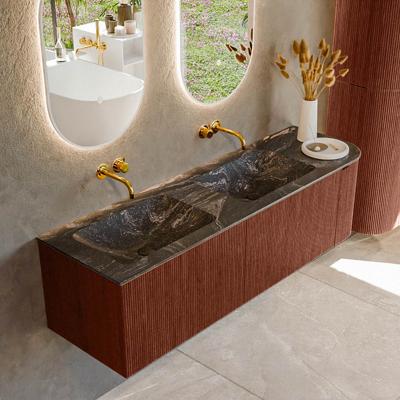 Badmeubel Mondiaz Kurve-Dlux | 155 cm cm | Meubelkleur Ruby | Wastafelkleur Lava | Solid surface | Dubbel / Links spoelbak | Zonder kraangat(en)