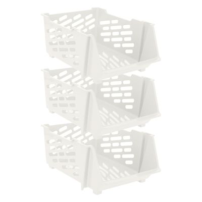 Stapelbare opbergmand - 3x - Wit - 29 liter - kunststof - 44 x 34 x 20 cm Stapelbare opbergmand - 3x - Wit - 29 liter - kunststof - 44 x 34 x 20 cm