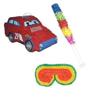 Verjaardag Pinata rode auto van 50 cm set met stok en masker