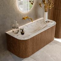 Mondiaz KURVE-DLUX 110 cm Onderkast Greeploos 1 Lade Met Deuren Walnut, Wastafel Solid Surface Midden Glace 0 Kraangaten Zonder Spiegel (KRVCLO110L+R1L2D0KM-Wal/Gla)