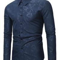 Bon&Bon Men's Black Floral Jacquard Slim Fit Long Sleeve Button Up Shirt Navy Blue / S