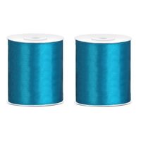 2x Satijnlint turquoise blauw rol 10 cm x 25 meter cadeaulint verpakkingsmateriaal - Cadeaulinten