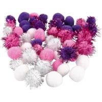Creativ Company Pompons, d 15+20 mm, paars, lichtrood, wit, 48 div/ 1 doos