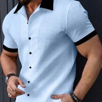 Bon&Bon Homme Men's Colorblock Trim Short Sleeve Casual Shirt | White Baby Blue / L