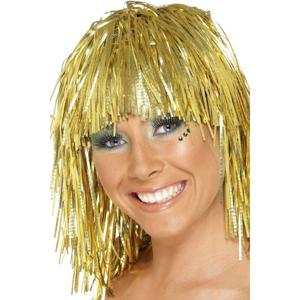 Dames tinsel/folie carnaval pruik - goud kleur - disco/eighties