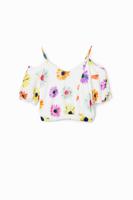 Korte aangerimpelde blouse met bloemen - WHITE - XL