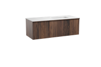 Balmani Forma zwevend badmeubel 135 x 55 cm amerikaans notenhout met Tablo Arcato asymmetrisch rechtse wastafel in solid surface mat wit, Verticale symmetrische rechte ribbel