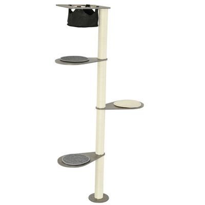 PawHut krabpaal, wandgemonteerd, 185 cm, klimboom met hangmat en platform, krabpaal voor katten, kattenboom met kantelbeveiliging, kattenmeubilair, grijs+crÃ¨mewit