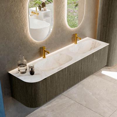 Badmeubel Mondiaz Kurve-Dlux | 175 cm cm | Meubelkleur Shadow | Wastafelkleur Frappe | Solid surface | Dubbel / Rechts spoelbak | 2 kraangaten
