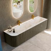 Badmeubel Mondiaz Kurve-Dlux | 175 cm cm | Meubelkleur Shadow | Wastafelkleur Frappe | Solid surface | Dubbel / Rechts spoelbak | 2 kraangaten
