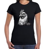 Cadeau T-shirt dames - boerderijdieren liefhebber - zwart - kip/haan