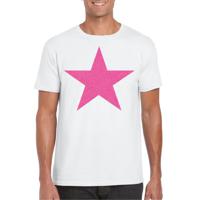 Verkleed T-shirt voor heren - ster - wit - roze glitter - carnaval/themafeest - thumbnail