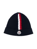 Moncler Enfant bonnet rayé à patch logo - Bleu