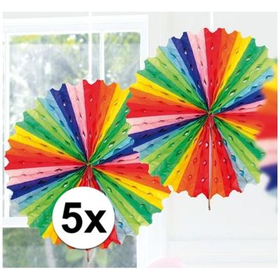 Decoratie waaier van papier - 5x - Honeycomb - regenboog - Dia 45 cm - Feest versiering